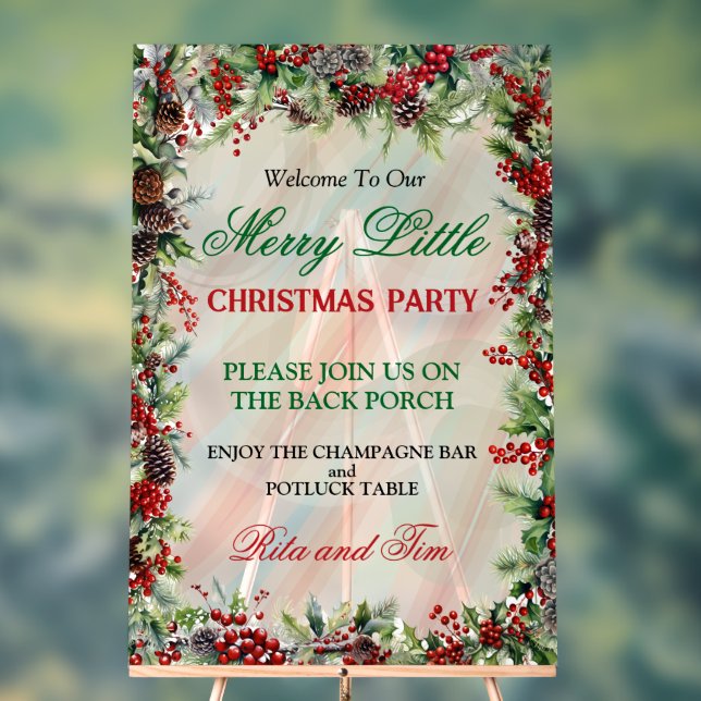 Festive Holly Border Christmas Party Acrylic Sign (Neutral)