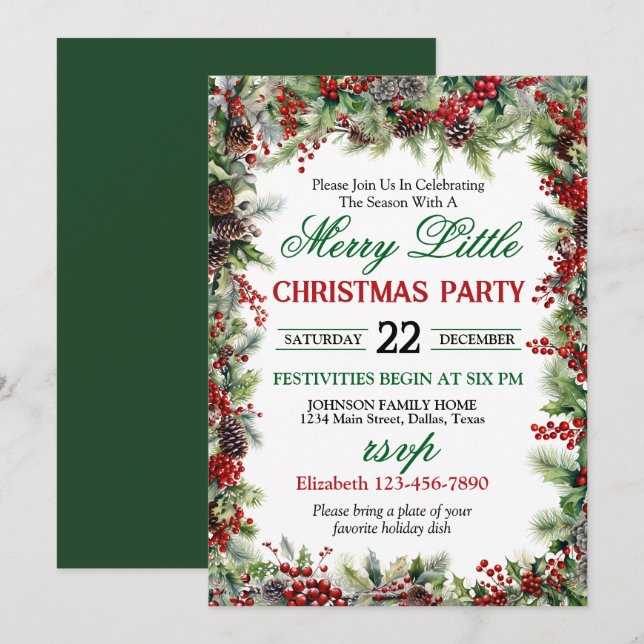 Festive Holly Border Christmas Party Invitation (Front/Back)
