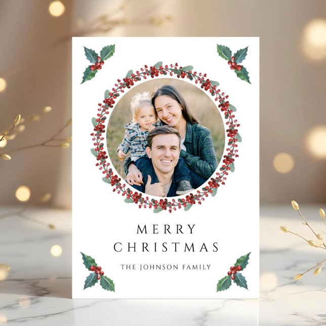 Festive Holly Botanical Greenery Photo Christmas Holiday Card (Festive Holly Botanical Greenery Photo Christmas Holiday Card)