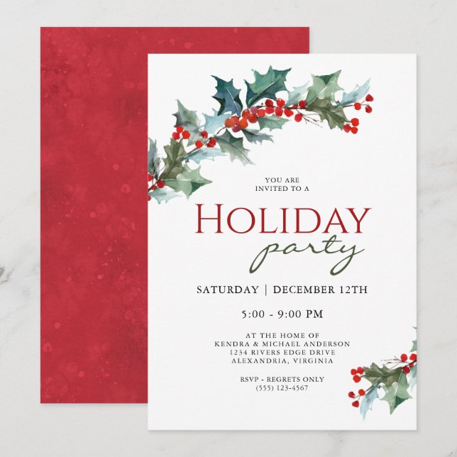 Festive Holly Botanical Holiday Party Invitation (Front/Back)