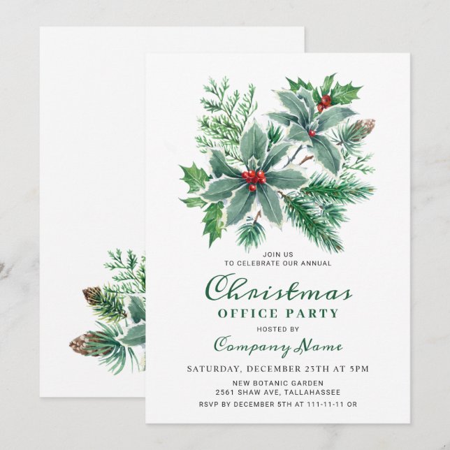 Festive Holly Christmas Corporate Holiday Party In Invitation (Front/Back)