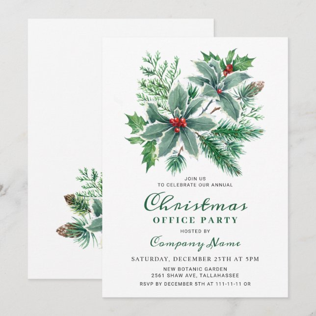 Festive Holly Christmas Corporate Holiday Party Invitation (Front/Back)