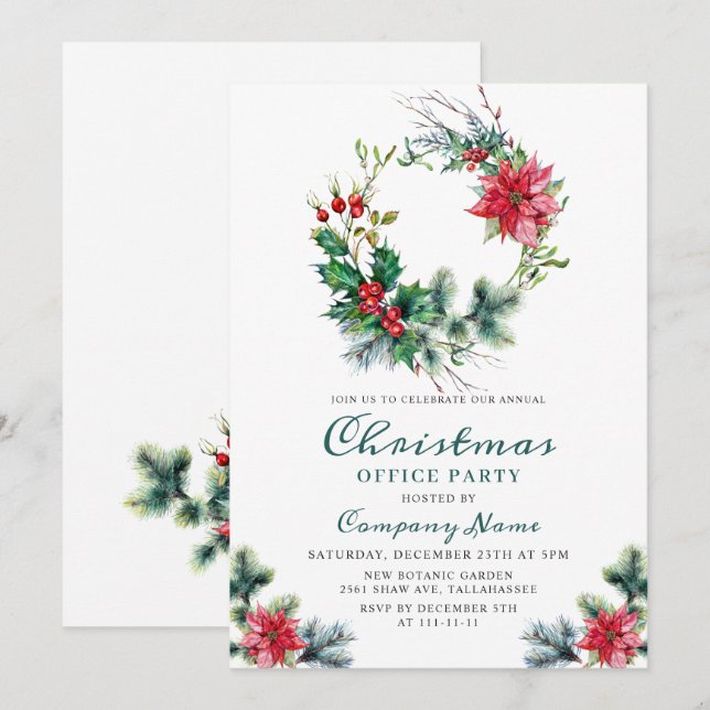 Festive Holly Christmas Corporate Holiday Party Invitation (Front/Back)