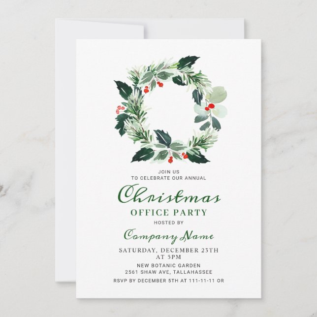 Festive Holly Christmas Corporate Holiday Party Invitation (Front)
