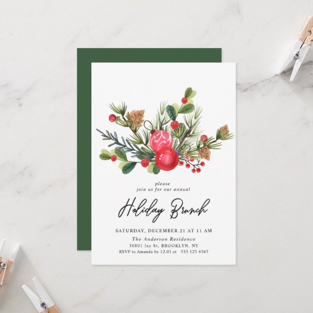 Festive Holly Christmas Holiday Brunch Invitation (Front/Back In Situ)