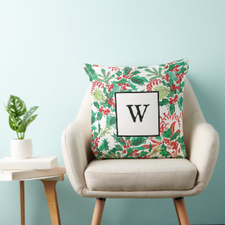 Festive Holly Christmas Monogram Throw Pillow