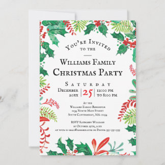 Festive Holly Christmas Red Green Party Invitation