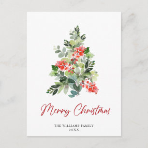 Festive Holly Christmas Tree Greeting Holiday Postcard