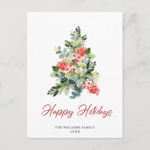 Festive Holly Christmas Tree Greeting Holiday Postcard