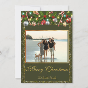 Festive Holly Garland Gold Glitter Photo Holiday Card