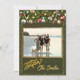 Festive Holly Garland Gold Glitter Photo Holiday Card