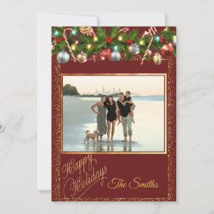 Festive Holly Garland Red & Gold Glitter Photo Holiday Card