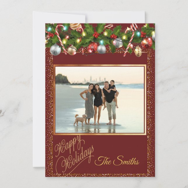 Festive Holly Garland | Red & Gold Glitter Photo Holiday Card (Front)