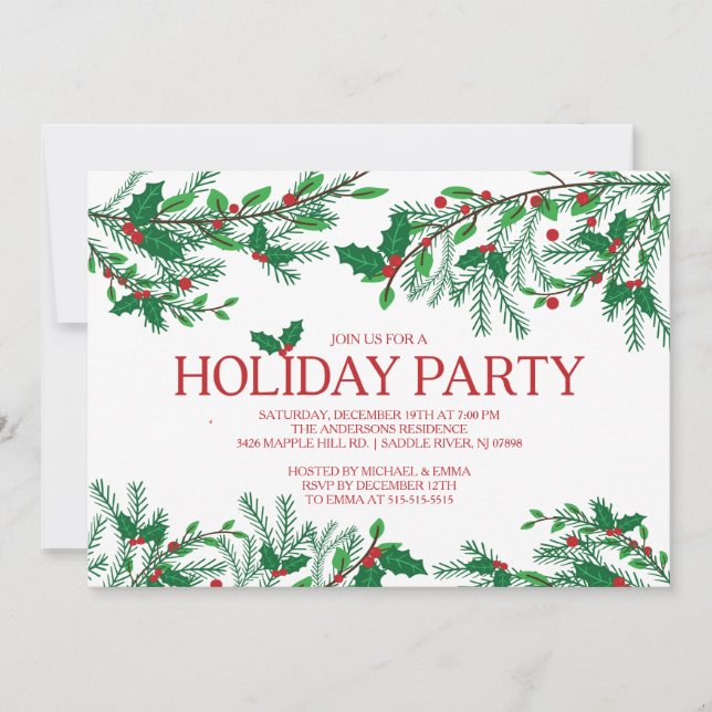 Festive Holly Holiday Party Invitation (Front)