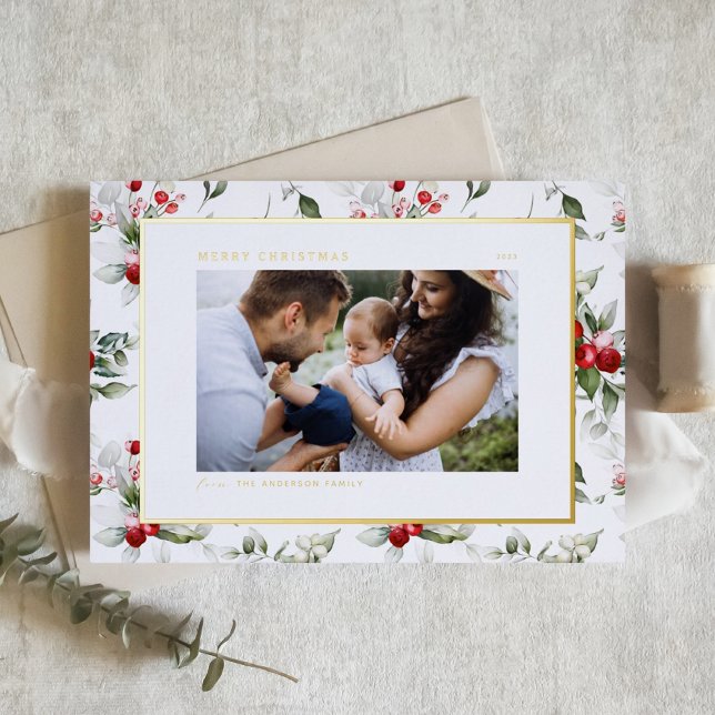Festive Holly Pattern Merry Christmas Photo Foil Holiday Postcard (Creator Uploaded)