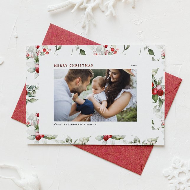 Festive Holly Pattern Merry Christmas Photo Holiday Card (Creator Uploaded)