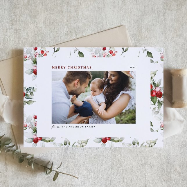 Festive Holly Pattern Merry Christmas Photo Holiday Postcard (Creator Uploaded)