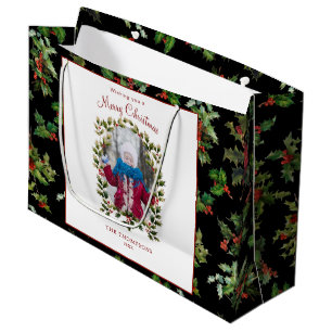 Festive Holly   Photo   Black Background Large Gift Bag