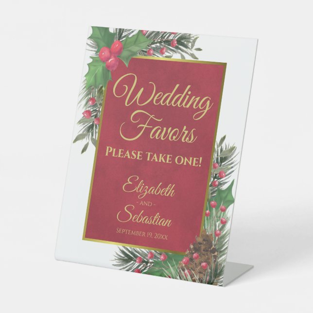 Festive Holly & Pine Christmas Wedding Favors Sign (Front)