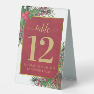 Festive Holly & Pine Elegant Wedding Table Number