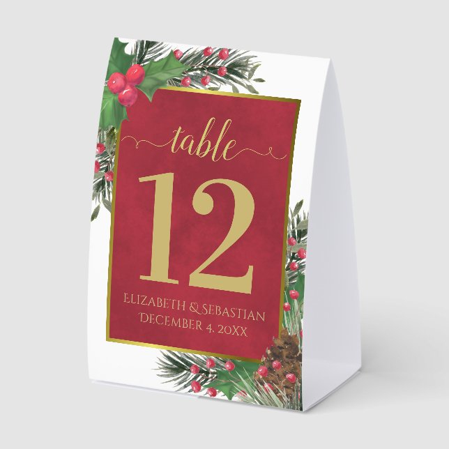 Festive Holly & Pine Elegant Wedding Table Number (Front)