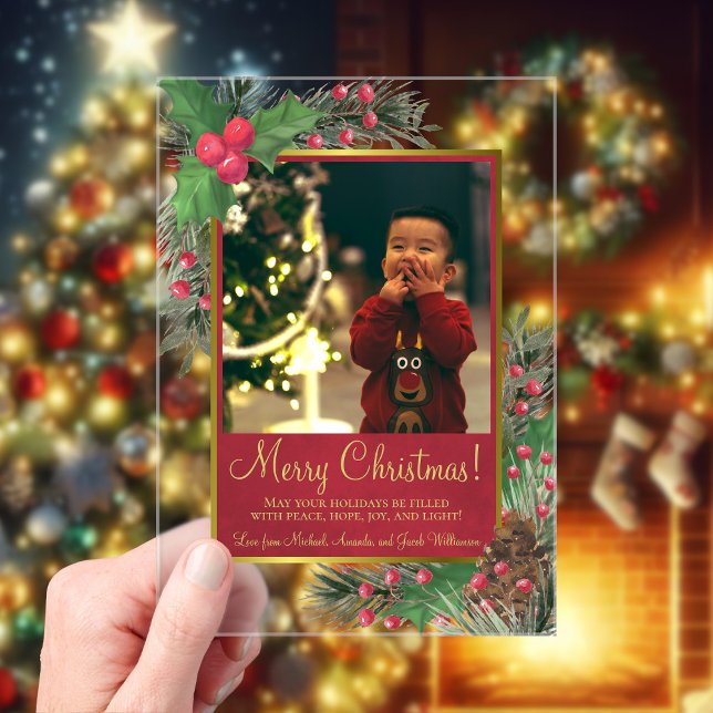 Festive Holly & Pine Merry Christmas Photo Card Acrylic Invitations (Creator Uploaded)