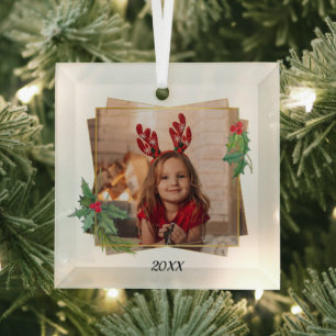 Festive Holly & Pine with Gold Frame Photo Glass Tree Decoration