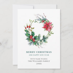 Festive Holly Poinsettia Wreath Christmas Greeting Holiday Card