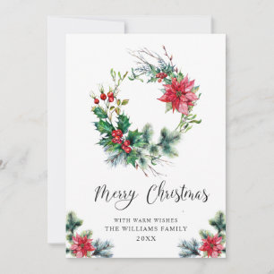 Festive Holly Poinsettia Wreath Christmas Greeting Holiday Card