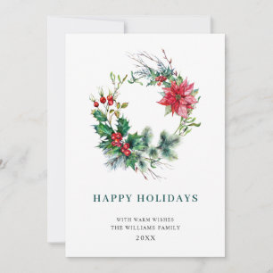 Festive Holly Poinsettia Wreath Christmas Greeting Holiday Card
