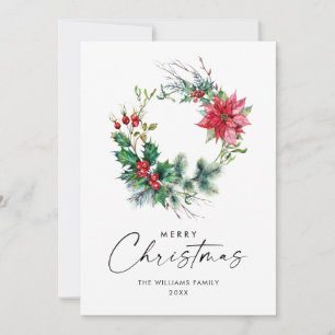 Festive Holly Poinsettia Wreath Christmas Greeting Holiday Card