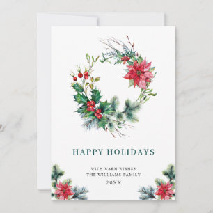 Festive Holly Poinsettia Wreath Christmas Greeting Holiday Card