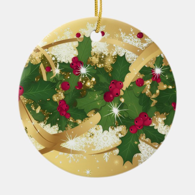 Festive Holly Ribbon — Elegant Christmas Design Ceramic Tree Decoration (Front)