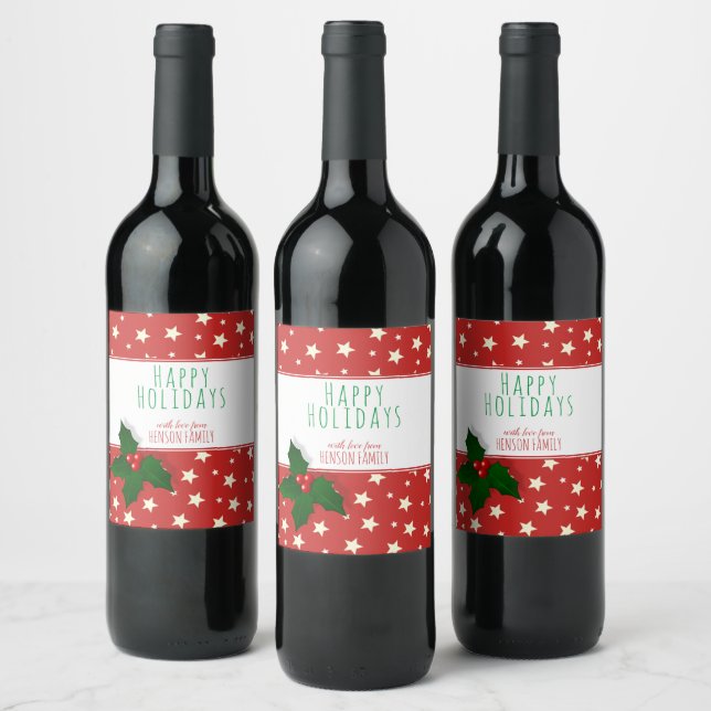 Festive Holly Tree Berry Stars Family Christmas Wine Label (Bottles)