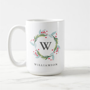 Festive Holly Watercolor Foliage Wreath & Monogram Coffee Mug