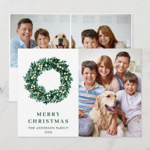 Festive Holly Wreath Christmas 3 PHOTO Greeting Holiday Card