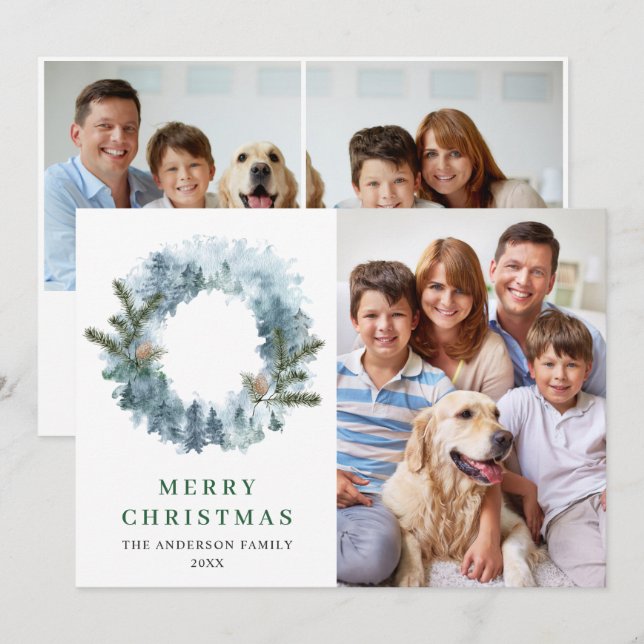 Festive Holly Wreath Christmas 3 PHOTO Greeting Holiday Card (Front/Back)