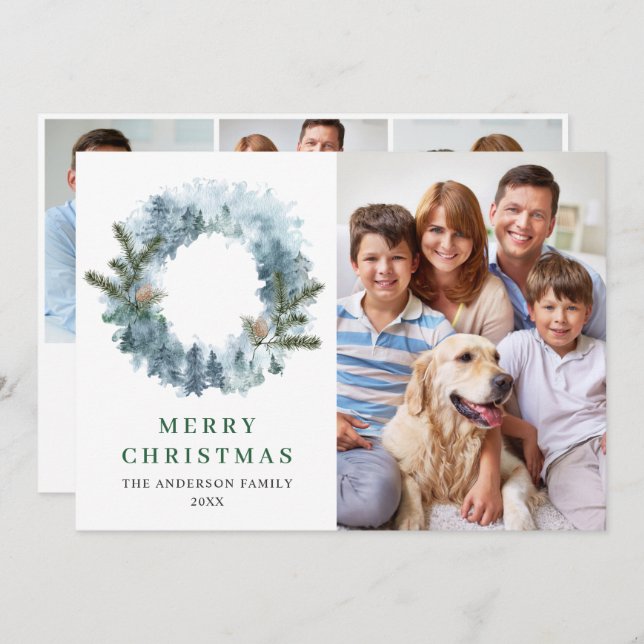 Festive Holly Wreath Christmas 4 PHOTO Greeting Holiday Card (Front/Back)