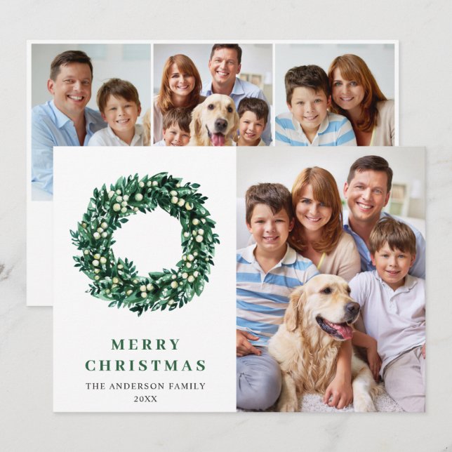 Festive Holly Wreath Christmas 4 PHOTO Greeting Holiday Card (Front/Back)