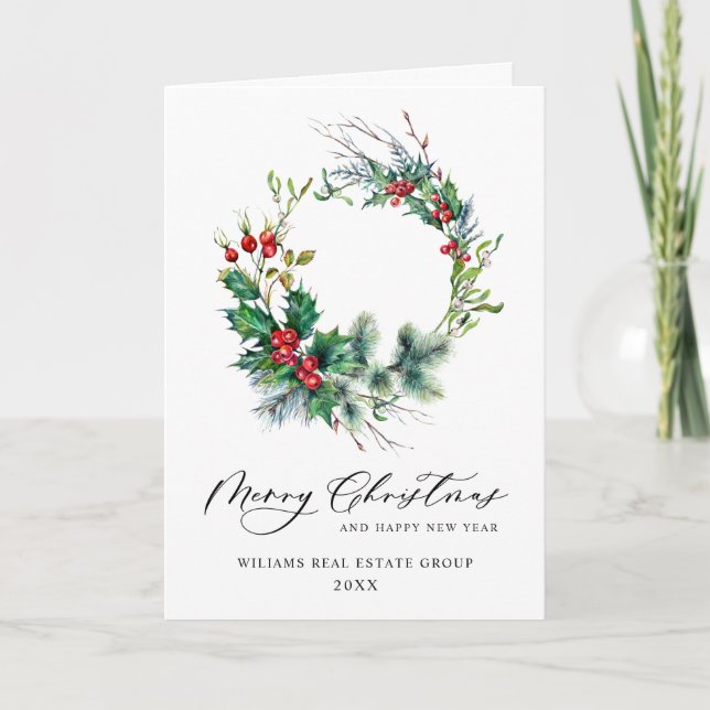 Festive Holly Wreath Christmas Corporate Greeting Holiday Card (Front)