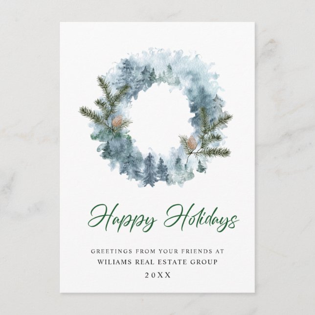 Festive Holly Wreath Christmas Corporate Greeting Holiday Card (Front)