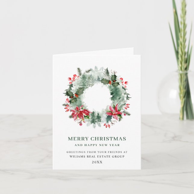 Festive Holly Wreath Christmas Corporate Greeting Holiday Card (Front)