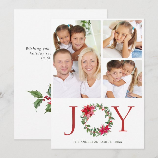 Festive Holly Wreath Christmas Greeting 3 PHOTO Holiday Card (Front/Back)