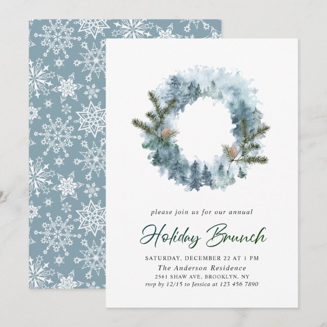 Festive Holly Wreath Christmas Holiday Brunch Invitation (Front/Back)