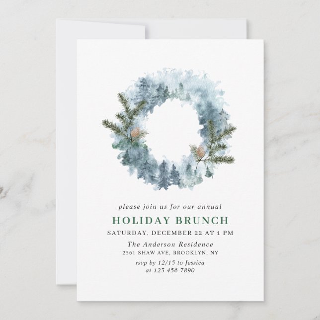 Festive Holly Wreath Christmas HOLIDAY BRUNCH Invitation (Front)