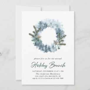 Festive Holly Wreath Christmas Holiday Brunch Invitation