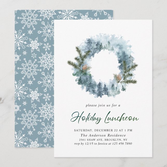 Festive Holly Wreath Christmas Holiday Luncheon Invitation (Front/Back)