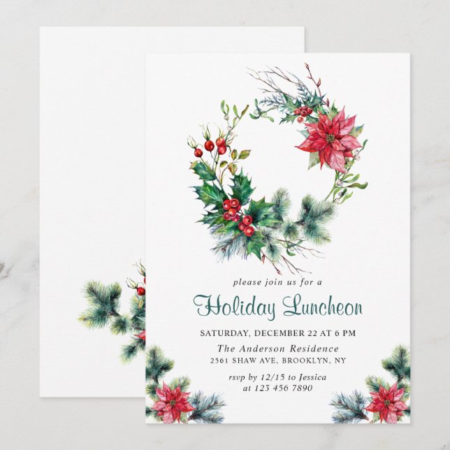 Festive Holly Wreath Christmas Holiday Luncheon Invitation (Front/Back)