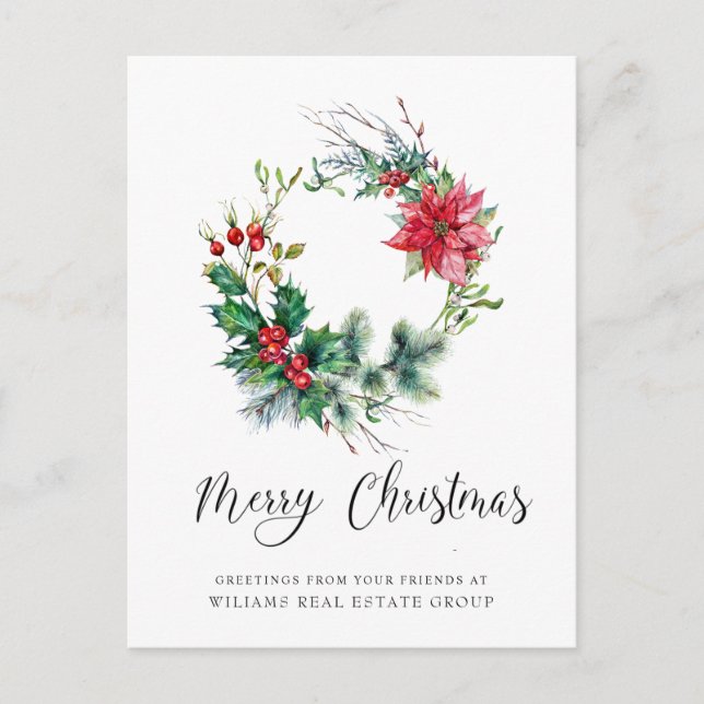 Festive Holly Wreath Corporate Christmas Holiday Postcard (Front)