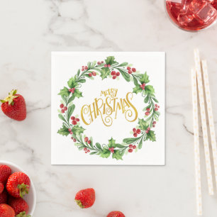 Festive Holly Wreath - Gold Foil Merry Christmas   Napkin